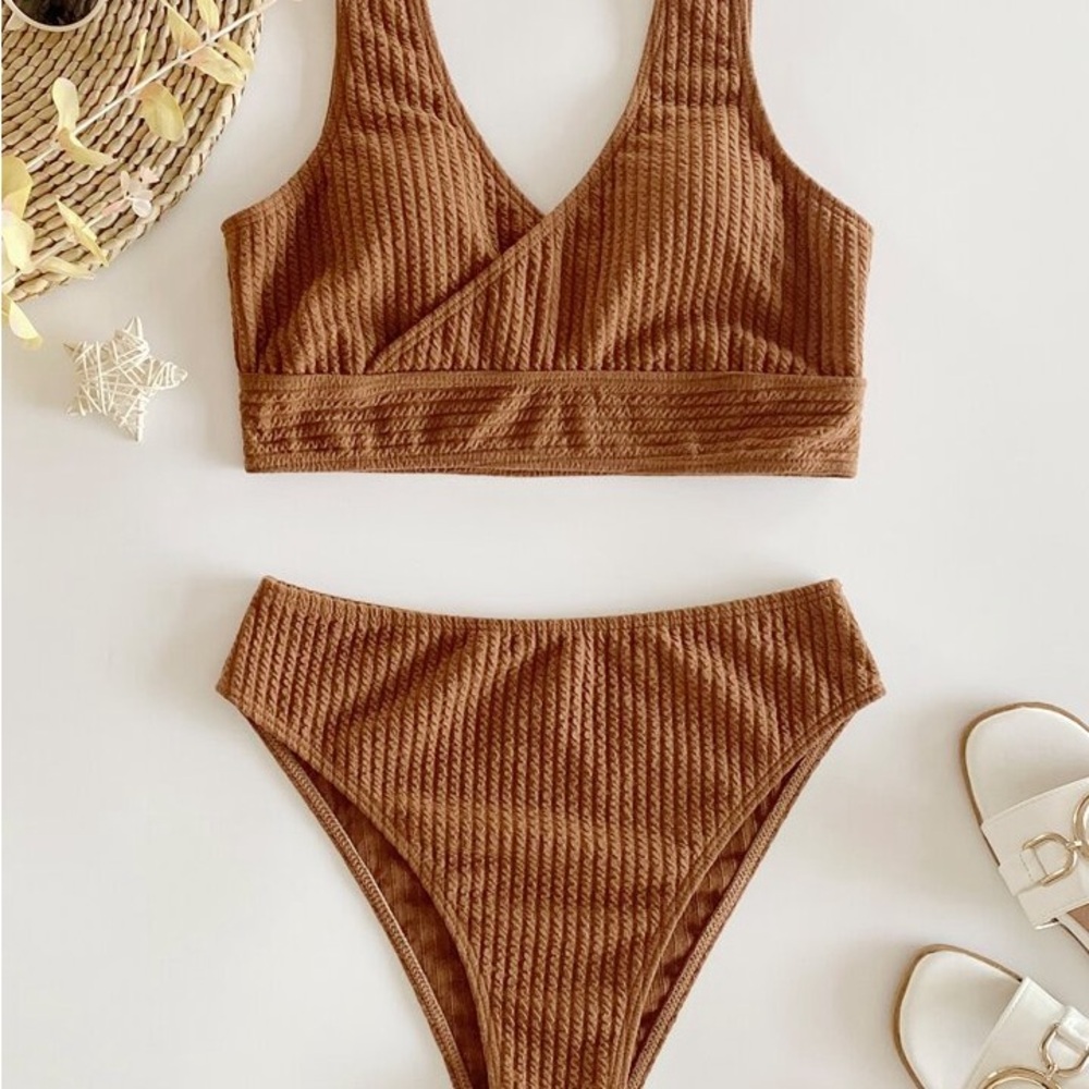 SHEIN Brown Ribbed Bikini Set High-Waisted V-Neck